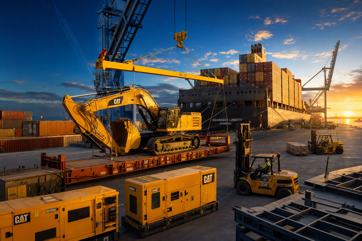 Heavy machinery and equipment being loaded at a port in the Americas